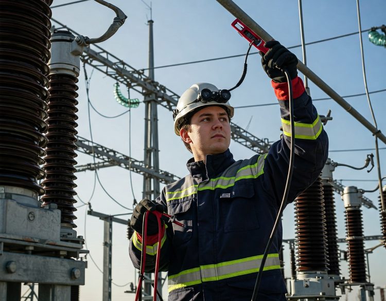 Technician performing high voltage maintenance and testing 