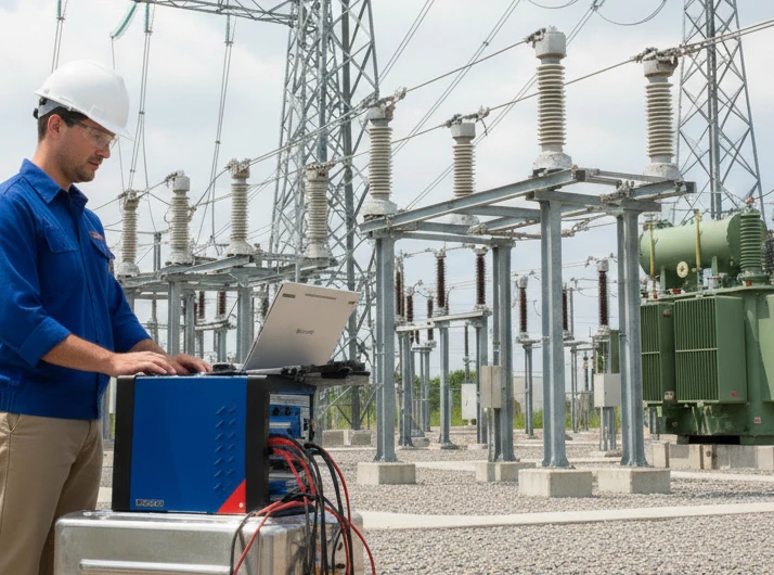 Our electrical engineer in hard hat performing high voltage testing with equipment at an electrical substation.