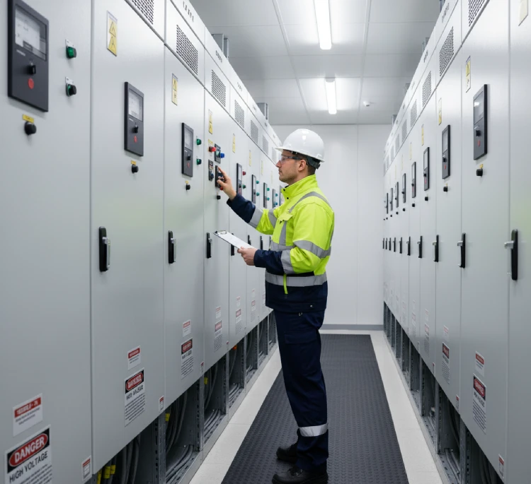 Our electrical engineer in safety gear commissioning high voltage equipment at a power substation.
