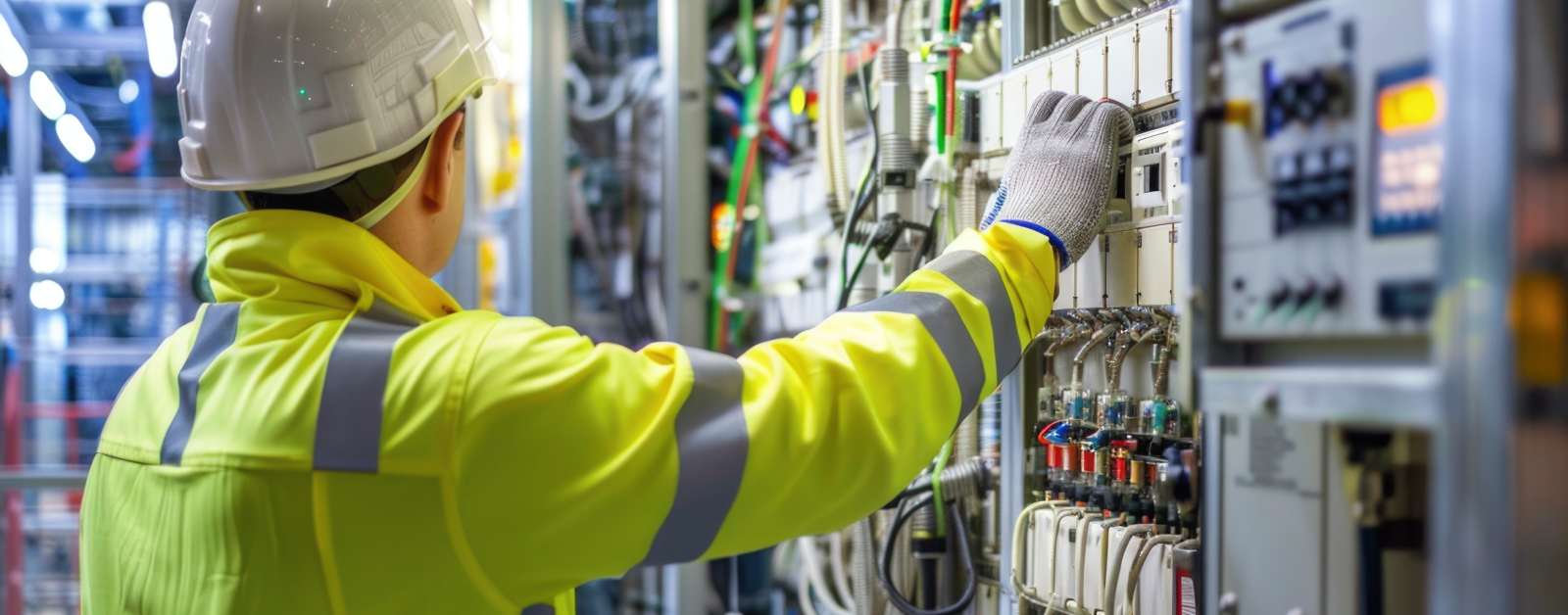 Engineer performing high voltage electrical testing on industrial control panel